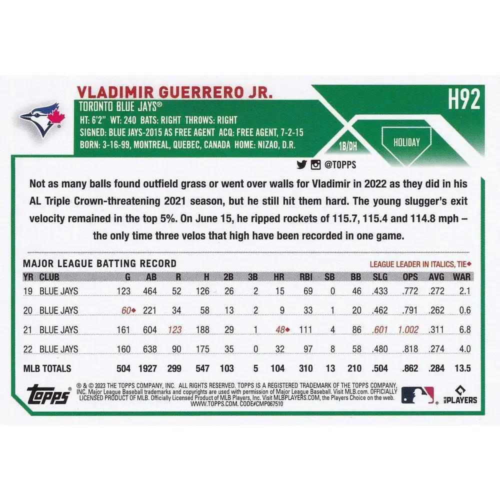 2023 Topps Holiday Vladimir Guerrero Jr. H92 Toronto Blue Jays